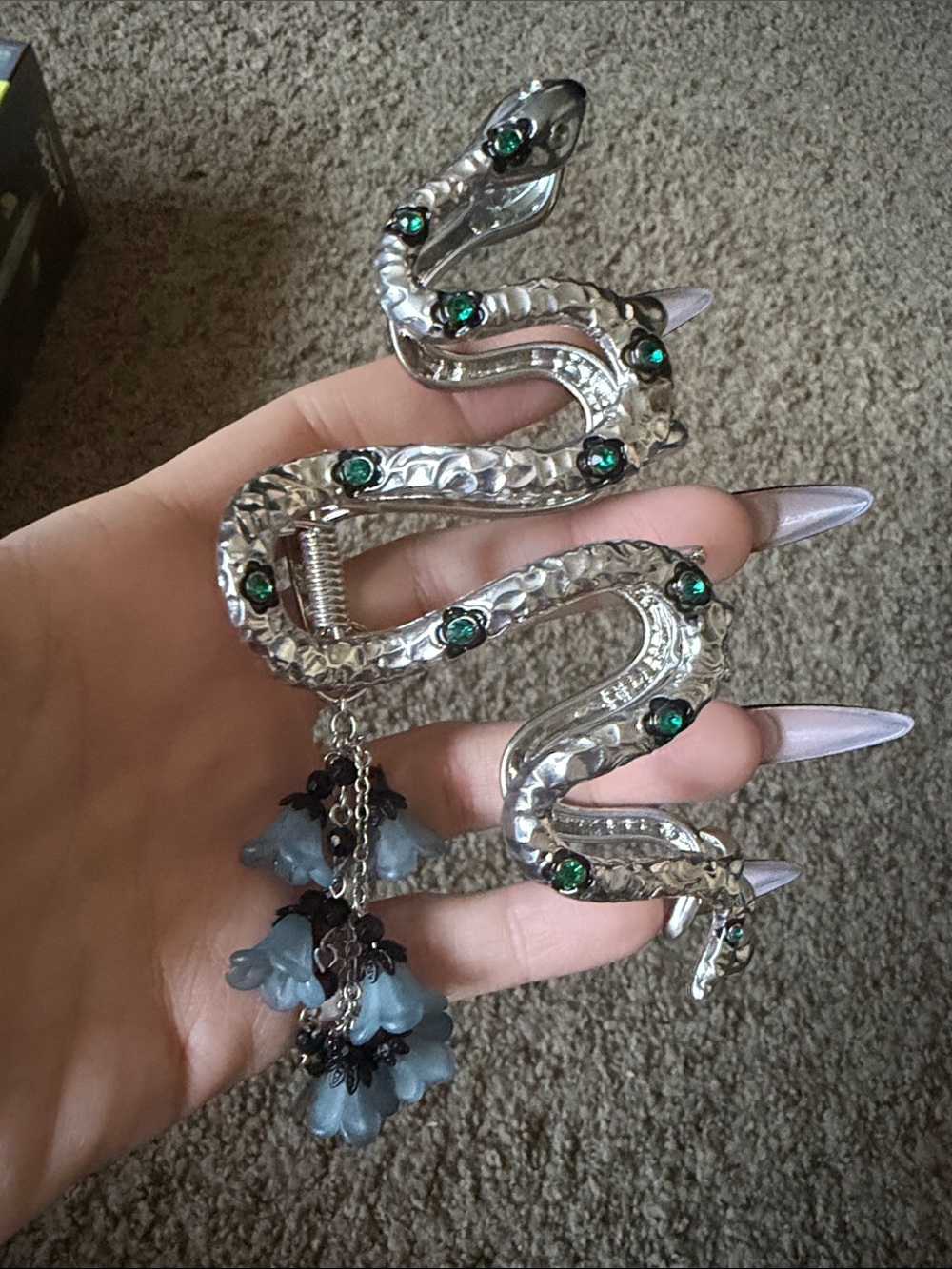 Silver Snake Hair Clip with Green Gem Accents